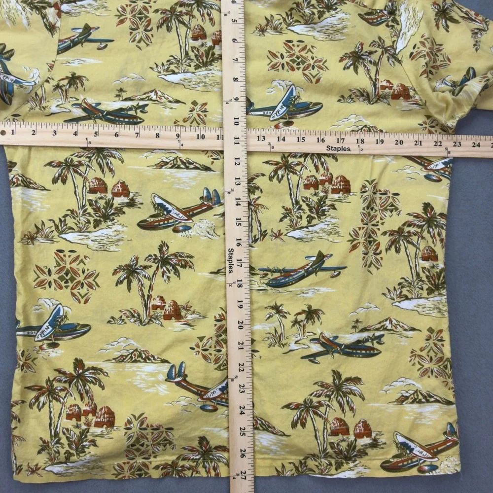 Reyn Spooner Hawaiian Shirt Yellow Seaplane Tropical Print Button Down Mens S
